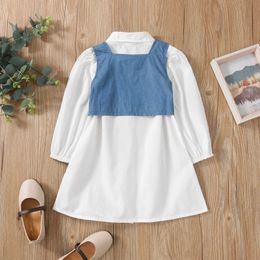 2021 New 2Pcs Girls Outfit Solid Colour Lapel Long Sleeves Shirt Dress + Tied Cross Straps Denim Waistcoat for Kids, 1-6 Years G1026