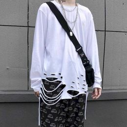 Long-sleeved T-shirt men and women wear bottoming shirt in the hole dark high street hip-hop loose Korean trend couple outfits 210526