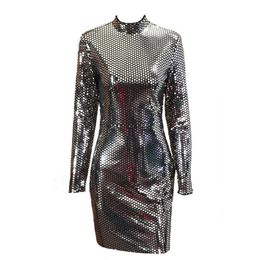 PERHAPS U Black Stand Collar Long Sleeve Bodycon Sheath Mini Dress Bling Solid Sexy Sequined D0912 210529
