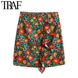 TRAF Women Fashion Floral Print Ruffled Mini Skirt Vintage High Waist Side Zipper Female Skirts Casual Faldas Mujer 210415