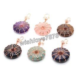 Flower Wire Wrap Natural Stone Crystal Pendants Charms Round Reiki Healing Amethysts Pink Quartz Suspension Women Simple Jewelry Amulet