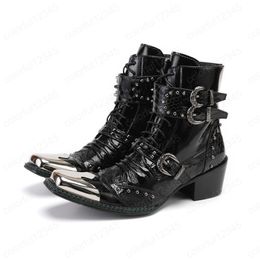 Punk Rivets Motorcycle Boots Men Buckle Lace Up Cowboy Short Boots Black Real Leather Party Boots Botas