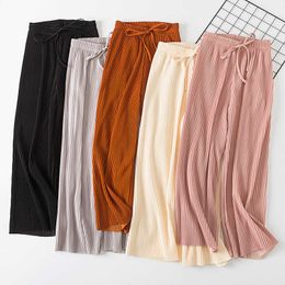 Spring Solid Pleated Wide Leg Trousers for Women Female Summer High Waist Chiffon Sashes Korean Casual Ankle Pants Q0801