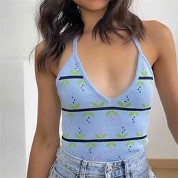 V Neck Leaf Print Knitted Halter Thank Tops Women Summer Blue Backless Y2K Boho Sleeveless Camis Mujer Streetwear 210427