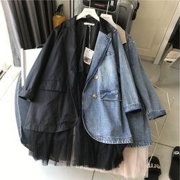 Spring Long Sleeve Sweet Women Jacket Casual Ladies Office Coat Mesh Stitching Denim Fake Two-piece Khaki 210510