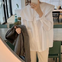 Spring Single Breasted Women Blouse Long Sleeve Femme Blusas Double Peter Pan Collar Pleated Shirt Solid Color 210510