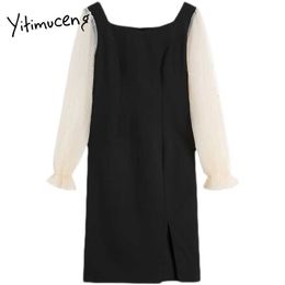 Yitimuceng Gauze Patchwork Slit Mini Dresses Women O-Neck A-Line Long Sleeve Clothing Summer Spring Fashion Sweet Dress 210601