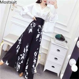 Autumn Korean Fashion Two Piece Sets Women Long Sleeve V-neck Tops + Printed Wide Leg Pants Suits Elegant Vintage 210513