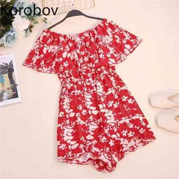 Korobov Beach Style Slash Neck Flare Sleeve Chiffon Playsuits Korean Print Boho High Waist Jumpsuits Chic Bodysuits 2a779 210430