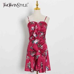 Print Patchwork Ruffle Sling Dress For Women Square Collar Sleeveless High Waist Hit Colour Summer Dresses Female 210520