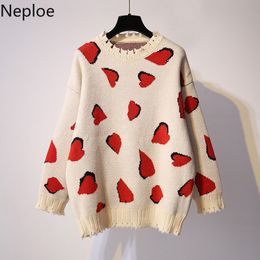 Neploe Hole Sweaters Oversized Outwear Knitted Pullovers Fall Women Sweet Heart Jumper Fashion Korean Knitwear Sueter 210422