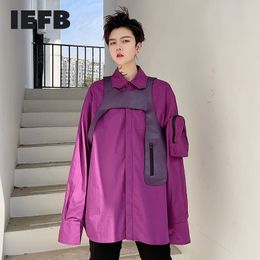 IEFB Purple Long Sleeve Shirt For Men Loose Causal PU Leather Patchwork Lapel Causal Shirts Vent Tops Korean Fashion Cloth9Y6641 210524