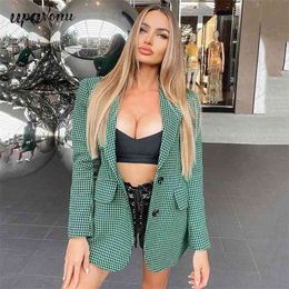 Free Tweed Jacket Fashion Office Women Lapel Pocket Single-breasted Houndstooth Fall Retro Thick Plaid Coat 210524