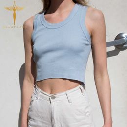 Summer U-Neck Knitted Crop Tops Women Casual Sleeveless Bottom Tank Top Female Pullover Vest Solid Colour Basic Slim Tank Vest Y0824