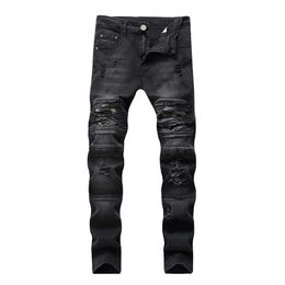 Men jeans slim skinny multi-layer ripped denim distressed black casual pants cotton plus size ruin pants high quality hip hop X0621