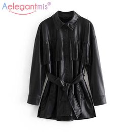 Aelegantmis Tassel Sashes Long Oversized Pu Jacket Women Tie Belt Waist Vintage Motor Biker Jackets Woman Korean Streetwear 210607