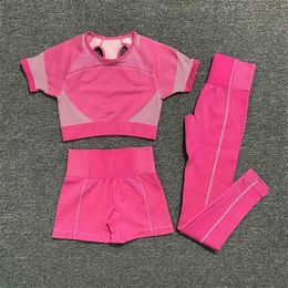 3PCS Seamless Yoga Set Women Short Sleeve Crop Tops Fitness Shorts Sports Wear Gym Leggings Workout Clothing Athletic Sport 210802