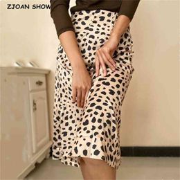 Retro High Waist Leopard Print Satin Skirt like Silk Summer Women Elastic Waist Mid Long A-line Skirts Femme 210412