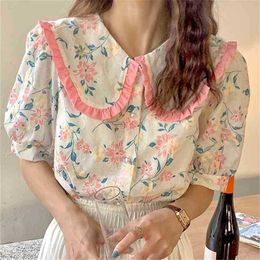 Retro Loose Florals Peter Pan Collar Vintage Chic Printed Half Sleeve Shirts Summer Lady Elegant Sweet Femme Tops 210525