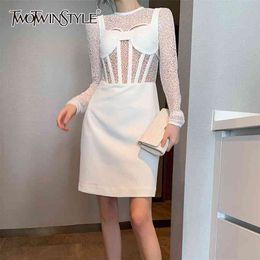 Hollow Out Patchwork Lace Women Dress O Neck Long Sleeve High Waist See Through Sexy Mini Dresses Female 210520