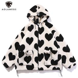 Aolamegs Cute Heart-shaped Print Lambswool Winter Jacket Men Drawstring Pockets Zipper Hooded High Street Warm Couple Streetwear 211008