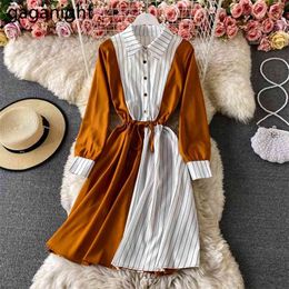 Patchwork Striped Women Maxi Long Sleeve Turn Down Collar Single Breasted Bodycon Dresses Office Lady Vestidos 210601