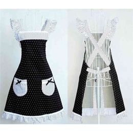 Princess Frill Lace Black White Polka Dot Kitchen Cooking Aprons for Women with Pockets Cross Back Drop 210629