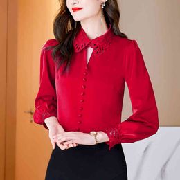 spring satin embroidered shirt Western-style doll collar silk long-sleeved top plus size women tops womens blouses 210427