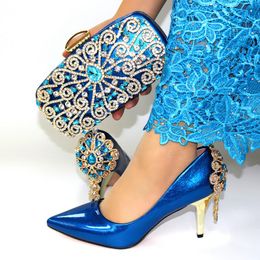 Синий цвет итальянская женщина High каблуки сандалии и подходящие сумки набор для вечеринки африканских туфлей, чтобы соответствовать платье