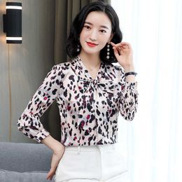 Korean Silk Blouse Women Satin Floral s Shirts Woman Print Leopard Tops Plus Size Bow Shirt 5XL 210604