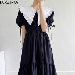 Korejpaa Women Dress Korean Chic Elegant Retro Temperament Doll Collar Stitching Tie with Waist Bubble Sleeves Long Vestido 210526