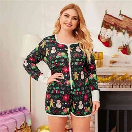 Christmas Snowman Playsuits Women Autumn Winter Casual Romper O Neck Button Long Sleeve Print Slim Xmas Homewear Jumpsuits 210526