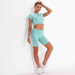 Women Workout Sets Summer Short Sleeve Sport T-shirts Fitness Crop Top + Yoga Shorts High Waist Gym Pants Conjunto Deportiva 210514