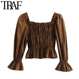 TRAF Women Fashion Ruffle Smocked Elastic Cropped Blouses Vintage Square Collar Long Sleeve Female Shirts Chic Tops 210415