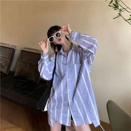Arrival Spring Summer Korea Fashion Women Long Sleeve Loose Shirts Off Shoulder Design Casual Striped Blouse V80 210512