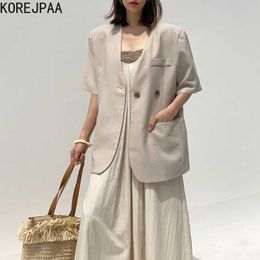 Korejpaa Women Sets Summer Korean Chic Temperament V-Neck Two Button Short Sleeve Blazer Elegant Pleated Sling Dress Suits 210526