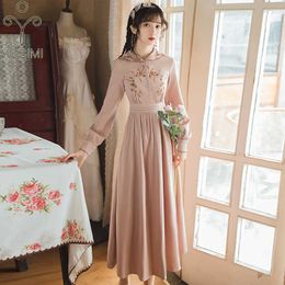 YOSIMI Long Women Dress Elegant Autumn Floral Embroidery Mid-calf Sleeve Pink Sweet Girl Cute Evening Party 210604