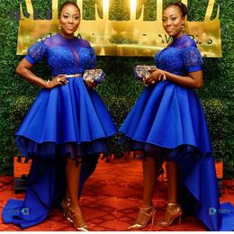 Nigerian African Royel Blue High Low Evening Dresses Long Short Sleeve Lace Applique Pleats Arabic Dubai Women Prom Gowns Custom Made