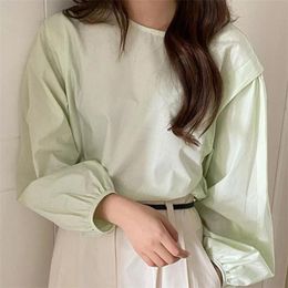 Minimalist OL Light-Green Casual Streetwear Tops Loose All Match Solid Gentle Chic Shirts Pullovers Blouses 210421