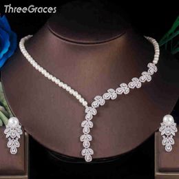 ThreeGraces Delicate Cubic Zirconia Pave Women Wedding Leaf Simulated Pearl Big Necklace and Earrings Bridal Jewellery Sets TZ540 H1022