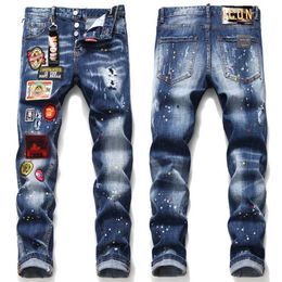 European Men Brand Jeans Slim Denim Trousers Stretch Blue Patchwork Hole Pants For Men Ripped Jeans JS1059 211011