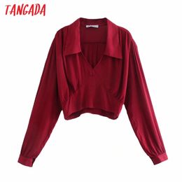 women retro red crop tunic long sleeve chic female sexy short style shirt top 6P51 210416