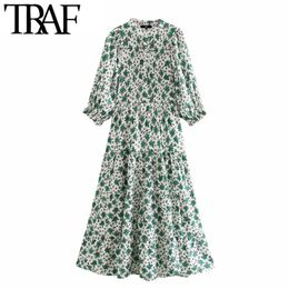 TRAF Women Elegant Fashion Flroal Print Midi Dress Vintage O Neck Half Sleeve Female Dresses Vestidos Mujer 210415