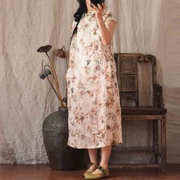 Johnature Women Chinese Style Slim Dresses Ramie Print Floral High Quality Stand Short Sleeve Summer Vintage Cheongsam 210521