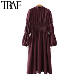 TRAF Women Chic Fashion Elastic Gathering Detail Loose Midi Dress Vintage Long Sleeve Side Vents Female Dresses Mujer 210415
