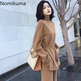 Nomikuma Women Knitted Outfits Causal Lace Up Slim Waist Knitted Pullover + High Waist Wide Leg Pants Sweater Sets 6C191 210427