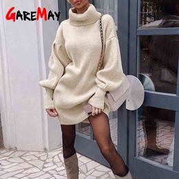 Dress for Autumn Winter Oversize Sweater Midi Knitted Female Sexy Lantern Sleeve Turtleneck Warm Women's 210428