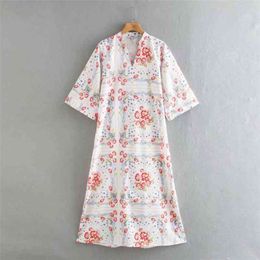 Summer Women Loose Dress Vintage 3/4 Sleeve Floral Print V-Neck es Female Elegant Fashion Clothing vestidos 210513