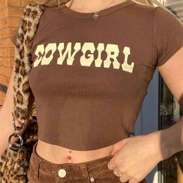 Cowgirl Print Crop Top Women Summer Short Sleeve Round Neck Cotton Graphic Tees T Shirt Slim Streetwear T-shirt Y2K New 210330