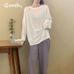 Qooth Solid Causal Long-sleeved Shirt Womens Summer Loose Thin T-shirt All-match O-Neck Straight Mid-Length T-shirt Tops QT636 210518